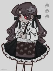 Rule 34 | 1girl, absurdres, bag, black bow, black dress, bow, bowtie, bright pupils, brown bag, brown hair, dress, emoji, frilled dress, frills, from side, gestart333, goth fashion, gothic lolita, hair bow, hair ornament, handbag, highres, lolita fashion, long hair, long sleeves, multiple hair bows, no nose, open mouth, original, shark hair ornament, shark print, simple background, solo, thighhighs, twintails, twitter username, white background, white bow, white bowtie, white pupils, white thighhighs