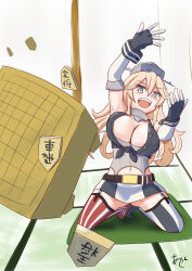 Rule 34 | 1girl, akashieru, asymmetrical legwear, blonde hair, blue eyes, board game, breasts, commentary request, cushion, fingerless gloves, front-tie top, garter straps, gloves, highres, iowa (kancolle), kantai collection, large breasts, miniskirt, mismatched legwear, ragequit, shogi, shogi piece, skirt, solo, star-shaped pupils, star (symbol), striped clothes, striped skirt, striped thighhighs, symbol-shaped pupils, table flip, thighhighs, vertical-striped clothes, vertical-striped skirt, vertical-striped thighhighs, zabuton