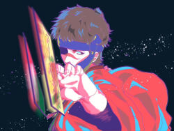 Rule 34 | 1boy, blue headband, brown eyes, brown hair, card throwing, dark background, hand up, headband, japanese clothes, kimono, looking at viewer, male focus, ostenlicht, red kimono, revenger, scar, scar on face, scar on nose, simple background, solo, souji (revenger), upper body, wide sleeves