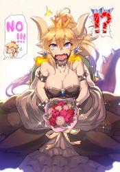 Rule 34 | !, !?, 2girls, ^^^, armlet, blonde hair, blue eyes, bouquet, bowsette, bracelet, breasts, breath weapon, breathing fire, cleavage, closed eyes, collar, comic, commentary request, crown, dress, earrings, english text, fire, flower, hair between eyes, hand up, horns, jewelry, large breasts, long hair, long sleeves, mario (series), matsumoto tomoyohi, mini crown, multiple girls, new super mario bros., new super mario bros. u deluxe, nintendo, open mouth, pointy ears, princess peach, rejection, sharp teeth, sparkle, spiked armlet, spiked bracelet, spiked collar, spikes, spoken exclamation mark, spoken interrobang, super crown, surprised, teeth, translation request, turtle shell