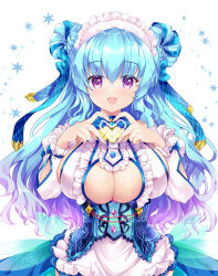 Rule 34 | 1girl, angelic link, blue hair, breasts, cleavage, cleavage cutout, clothing cutout, commentary, heart, heart hands, highres, hinata momo, large breasts, long hair, looking at viewer, maid headdress, sideboob, simple background, skindentation, solo, star (symbol), symbol-only commentary, white background