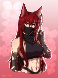 Rule 34 | 1girl, abs, animal ears, artist name, bare shoulders, commission, covered erect nipples, elbow gloves, figgylicious, floral background, gloves, hair between eyes, heart, highres, long hair, looking at viewer, mask, midriff, navel, original, red hair, solo, toned, torn clothes, upper body, watermark, yellow eyes