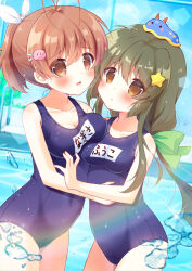 Rule 34 | 2girls, antenna hair, asymmetrical docking, bare arms, blue one-piece swimsuit, blunt ends, blush, bow, breast press, breasts, brown eyes, brown hair, character name, clannad, cleavage, closed mouth, collarbone, commentary request, covered erect nipples, cowboy shot, dango daikazoku, dango hair ornament, eyes visible through hair, food-themed hair ornament, frown, furukawa nagisa, green bow, hair between eyes, hair bow, hair ornament, hair ribbon, hairclip, haruchimo, hug, ibuki fuuko, impossible clothes, long hair, looking at viewer, medium breasts, medium hair, multiple girls, one-piece swimsuit, open mouth, paid reward available, ponytail, pool, ribbon, school swimsuit, side-by-side, sidelocks, small breasts, snail, sparkle, standing, star (symbol), star hair ornament, swimsuit, very long hair, water, water drop, wet, wet clothes, wet swimsuit, white ribbon, | |