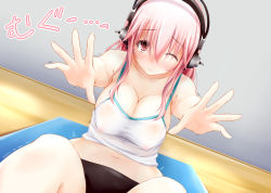 Rule 34 | 1girl, blush, breasts, cleavage, covered erect nipples, dd mayohara, female focus, headphones, large breasts, long hair, looking at viewer, navel, nipples, nitroplus, one eye closed, pink eyes, pink hair, see-through, solo, stretching, super sonico, trembling, wet, wet clothes