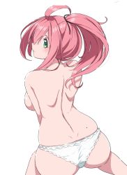 Rule 34 | 1girl, ahoge, ass, back, backboob, blush, breasts, commentary, english commentary, frilled panties, frills, from behind, green eyes, hair ribbon, high ponytail, kay yu, large breasts, long hair, looking at viewer, looking back, mole, mole on body, original, panties, pink-haired girl (kay yu), pink hair, ponytail, profile, ribbon, shoulder blades, sideboob, sidelocks, simple background, sitting, solo, topless, underwear, white background, white panties