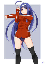 Rule 34 | 1girl, ahoge, blue background, blue hair, blush, breasts, buruma, commentary request, frown, gluteal fold, headband, long hair, long sleeves, looking to the side, medium breasts, orie ballardiae harada, signature, solo, stretching, suzuna (najaran), sweater, thighhighs, under night in-birth, very long hair