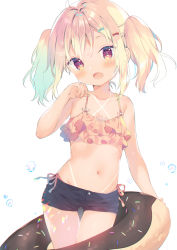 Rule 34 | 1girl, :d, bare arms, bare shoulders, bikini, bikini under clothes, black shorts, blonde hair, blue bow, blush, bow, brown bikini, collarbone, commentary request, gradient hair, green hair, hair between eyes, hair bow, hand up, head tilt, highleg, highleg bikini, innertube, looking at viewer, multicolored hair, navel, open mouth, original, red bow, red eyes, short shorts, shorts, side-tie bikini bottom, simple background, smile, solo, standing, swim ring, swimsuit, tan, tanline, thigh gap, twintails, water drop, white background, yuizaki kazuya