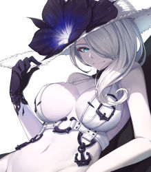 Rule 34 | 10s, 1girl, abyssal ship, anchor, aqua eyes, bare shoulders, bikini, black gloves, breasts, cleavage, colored skin, dress, flower, gloves, hair over one eye, hand on headwear, hat, hat flower, highres, kantai collection, large breasts, long hair, looking at viewer, nian (zhanian), seaport summer princess, shadow, smile, solo, sun hat, swimsuit, white dress, white hair, white hat, white skin