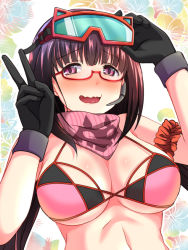 Rule 34 | 1girl, bare shoulders, bikini, black gloves, blush, breasts, brown hair, cleavage, fate/grand order, fate (series), glasses, gloves, goggles, goggles on head, hand gesture, large breasts, long hair, looking at viewer, navel, open mouth, osakabehime (fate), osakabehime (swimsuit archer) (fate), osakabehime (swimsuit archer) (second ascension) (fate), pink bikini, pink scarf, poruporu, purple eyes, red-framed eyewear, scarf, ski goggles, smile, swimsuit, twintails, v, wavy mouth