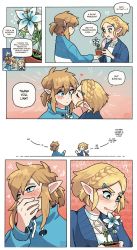 Rule 34 | 1boy, 1girl, absurdres, blonde hair, blue cardigan, blue eyes, blue flower, blue jacket, blush, braid, cardigan, chibi, closed eyes, closed mouth, comic, couple, covering own mouth, embarrassed, english text, evercelle, eyebrows, eyelashes, fingernails, flower, flower pot, giving, green eyes, hair ornament, hetero, highres, jacket, kiss, kissing cheek, left-to-right manga, link, long hair, long sleeves, medium hair, nintendo, nose blush, open mouth, pale skin, pointy ears, ponytail, princess zelda, shirt, sleeves past elbows, speech bubble, stitched, the legend of zelda, the legend of zelda: breath of the wild, third-party edit, white shirt