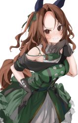 Rule 34 | 1girl, animal ears, bandaid, bandaid on face, black gloves, brown eyes, brown hair, clenched teeth, dress, ear covers, gloves, green dress, green ribbon, hair ribbon, hand on own hip, highres, horse ears, horse girl, horse tail, king halo (umamusume), long hair, nephthys2356, off-shoulder dress, off shoulder, parted bangs, ribbon, solo, tail, teeth, umamusume, v-shaped eyebrows, white background