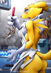 Rule 34 | apron, ass, blue eyes, cooking, digimon, digimon (creature), fangs, food, furry, highres, karabiner, kitchen, ladle, naked apron, renamon, soup, surprised, sweat, tail, teeth, tongue