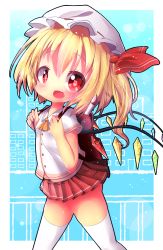 Rule 34 | 1girl, akisha, alternate costume, ascot, ass, backpack, bad id, bad pixiv id, bag, blonde hair, fang, flandre scarlet, flute, hair ribbon, hat, highres, instrument, looking at viewer, microskirt, miniskirt, mob cap, open mouth, pleated skirt, randoseru, recorder, red eyes, ribbon, school uniform, short sleeves, side ponytail, skirt, smile, solo, thighhighs, touhou, white thighhighs, wings, zettai ryouiki