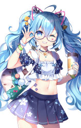 Rule 34 | 1girl, ;d, absurdres, ahoge, arm up, bag, bendy straw, black ribbon, black shirt, black skirt, blue background, blue eyes, blue hair, blue nails, chain-link fence, chuor (chuochuoi), coffee cup, collarbone, crop top, cup, disposable cup, drinking straw, facial mark, fence, fingernails, glasses, glint, green scrunchie, grin, hair between eyes, hair ribbon, hatsune miku, heart, highres, holding, holding cup, long hair, looking at viewer, midriff, nail polish, navel, ok sign, one eye closed, open mouth, pleated skirt, polka dot, polka dot ribbon, polka dot shirt, puffy short sleeves, puffy sleeves, purple-framed eyewear, ribbon, scrunchie, semi-rimless eyewear, shirt, shopping bag, short sleeves, skirt, smile, solo, star (symbol), stuffed animal, stuffed toy, summer, teddy bear, under-rim eyewear, very long hair, vocaloid, watch, white scrunchie, wrist scrunchie, wristwatch