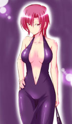Rule 34 | 00s, 1girl, bag, bare shoulders, bazett fraga mcremitz, breasts, center opening, cleavage, dress, fate/hollow ataraxia, fate/stay night, fate (series), formal, fue (rhomphair), hand on own hip, handbag, hip focus, navel, no bra, red hair, short hair, solo