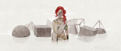 Rule 34 | 1girl, ancient greek clothes, ball, covered face, cube, drill hair, facing viewer, floating, frogggu, geometric solid, greco-roman clothes, hair bun, highres, jar, medium hair, paper, partially submerged, red hair, reverse:1999, single side bun, solo, sophia (reverse:1999), standing, upper body, water, weibo logo, weibo watermark, white background, wide shot