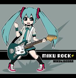 Rule 34 | 1girl, alternate costume, aqua eyes, aqua hair, electric guitar, green nails, guitar, hair ornament, hatsune miku, instrument, letterboxed, long hair, miniskirt, nail polish, necktie, open mouth, pigeon-toed, pleated skirt, skirt, socks, solo, toman rock, twintails, very long hair, vocaloid, wristband