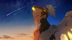 Rule 34 | 1girl, blonde hair, bodysuit, breasts, hair ornament, hair tie, halo, high collar, long hair, mechanical halo, mechanical wings, mercy (overwatch), mio (jian wei), overwatch, overwatch 1, ponytail, profile, shooting star, sky, smile, solo, star (sky), starry sky, turtleneck, upper body, wings, yellow eyes, yellow wings
