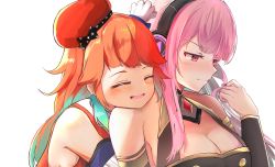 Rule 34 | 2girls, bare shoulders, black bow, black nails, blue hair, blush, bow, breasts, chef hat, cleavage, closed eyes, commentary, english commentary, gradient hair, hat, head on another&#039;s shoulder, headphones, highres, hololive, hololive english, hug, hug from behind, large breasts, long hair, long sleeves, mori calliope, multicolored hair, multiple girls, nail polish, open mouth, orange hair, pink hair, shuuzo3, simple background, smile, takanashi kiara, takanashi kiara (1st costume), upper body, virtual youtuber, white background