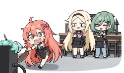 &lt;|&gt;_&lt;|&gt; 3girls :3 :d ^_^ ahoge apron bar_stool blacha_(dkskek157) black_apron black_hairband blonde_hair bow cafe chibi chibi_only closed_eyes commentary counter counter:side crossed_arms cup evelyn_keller food furrowed_brow green_eyes hair_between_eyes hair_bow hair_ornament hairband hairclip highres ice_cream laura_beatrix long_hair looking_at_another machine-g.a.p. multiple_girls open_mouth pink_hair skull_hair_ornament smile spilling standing stool sweatdrop teeth upper_teeth_only white_background yuna_springfield