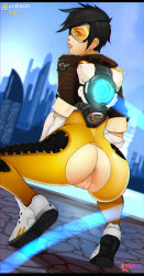 Rule 34 | 1girl, anus, artist name, ass, black hair, character name, cleft of venus, crotch cutout, earrings, from behind, goggles, gradient background, highres, jewelry, looking back, nyuunzi, overwatch, overwatch 1, parted lips, pussy, short hair, solo, spiked hair, squatting, torn clothes, tracer (overwatch), uncensored