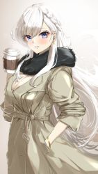 Rule 34 | 1girl, alternate costume, azur lane, belfast (azur lane), black scarf, blue eyes, blush, braid, breasts, cleavage, coat, commentary request, cup, disposable cup, earrings, grey background, grey coat, highres, holding, holding cup, jewelry, large breasts, light smile, long hair, looking at viewer, marumai, scarf, side braid, sidelocks, silver hair, solo, winter clothes, winter coat