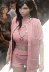 Rule 34 | 1girl, 3d, absurdres, alternate costume, black hair, blurry, blurry background, breasts, brown eyes, cardigan, catwalk, chanel, cloud strife, earrings, final fantasy, final fantasy vii, final fantasy vii remake, hair over shoulder, highres, jewelry, large breasts, long hair, looking forward, navel, necklace, pink cardigan, pink shirt, pink shorts, runway, shirt, short sleeves, shorts, silverelitist, solo focus, square enix, tifa lockhart, upper body, walking, zack fair