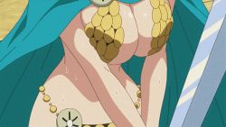 Rule 34 | 1girl, animated, animated gif, armor, bare legs, bikini armor, breasts, dressrosa, female focus, gladiator, large breasts, long hair, lowres, one piece, pink hair, rebecca (one piece), screencap, sweat, sword, weapon