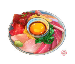Rule 34 | abaoyaonuli, absurdres, bowl, egg, egg yolk, fish, fish (food), food, food focus, highres, meat, no humans, original, realistic, sashimi, saucer, seafood, simple background, spring onion, still life, vegetable, wasabi, white background