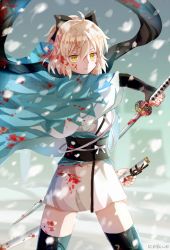 Rule 34 | 1girl, artist name, bad id, bad pixiv id, black bow, black thighhighs, blonde hair, blood, blood on clothes, blood on face, bow, cowboy shot, fate/grand order, fate (series), hair between eyes, hair bow, haori, highres, holding, holding sheath, holding sword, holding weapon, iceblue, japanese clothes, kimono, okita souji (fate), okita souji (koha-ace), parted lips, sheath, short hair, short kimono, short ponytail, snowing, solo, standing, sword, thighhighs, weapon, white kimono, yellow eyes, zettai ryouiki