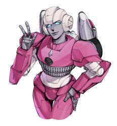 Rule 34 | 1girl, arcee, autobot, blue eyes, commentary, cowboy shot, english commentary, hand on own hip, hand on own thigh, highres, mecha, robot, sin0ky, smile, solo, transformers, transformers: earthspark, v, wheel, white background