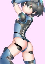 Rule 34 | 1girl, :3, android, ass, black hair, green eyes, headgear, highres, looking at viewer, original, short hair, simple background, solo, user rgcc3848