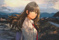 Rule 34 | 1girl, bag, black hair, blue bag, breasts, brown eyes, closed mouth, collared shirt, day, dress shirt, fly (marguerite), highres, house, long hair, looking at viewer, medium breasts, mountainous horizon, necktie, original, outdoors, rain, red necktie, school bag, school uniform, shirt, sky, solo, upper body, white shirt