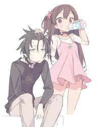 Rule 34 | 1boy, 1girl, black hair, blade (galaxist), brown hair, choker, commentary, commentary request, dress, drinking, hair between eyes, hand on another&#039;s head, killian phegor, looking at viewer, pinafore dress, pink dress, pink eyes, pointy ears, pop-up story, serizawa shion, shinigami, sleeveless dress, sundress, water, yellow eyes