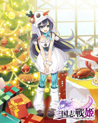 Rule 34 | 1girl, :d, azma (mitch55), bare shoulders, bell, black hair, blue bow, blue thighhighs, bow, breasts, brown footwear, cake, champagne flute, christmas tree, cleavage, copyright name, cup, day, dress, drinking glass, food, fur trim, gift, holly, hood, indoors, logo, long hair, loose socks, medium breasts, official art, open mouth, ornament, pantyhose, pom pom (clothes), sangokushi senhime, shoes, smile, snowman costume, socks, standing, star (symbol), striped clothes, striped pantyhose, striped thighhighs, table, thighhighs, turkey (food), vertical-striped clothes, vertical-striped pantyhose, white dress, white thighhighs, window, wristband