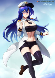 Rule 34 | 1girl, absurdres, artist name, belt, belt buckle, bike shorts, blue hair, blush, breasts, buckle, cleavage, collarbone, feet out of frame, hair between eyes, hat, highres, long hair, long sleeves, looking at viewer, medium breasts, midriff, miniskirt, navel, necktie, open clothes, open mouth, open shirt, original, patreon username, purple eyes, shirt, shoes, skirt, solo, stomach, strapless, thighhighs, tube top, vilde loh hocen, watermark, web address