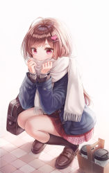 Rule 34 | 0v0 (l seohui), 1girl, ahoge, bag, black socks, blue coat, brown footwear, brown hair, coat, covering own mouth, cup, disposable cup, duffel bag, duffel coat, enpera, fringe trim, full body, hair ornament, hairclip, kneehighs, loafers, long hair, long sleeves, looking at viewer, miniskirt, open clothes, open coat, original, pink eyes, plaid, plaid skirt, pleated skirt, red skirt, scarf, shoes, simple background, skirt, socks, solo, squatting, tile floor, tiles, white background, winter clothes