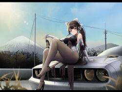 Rule 34 | 1girl, absurdres, anchor print, animal ears, arm support, armpit crease, azur lane, bare shoulders, black footwear, blurry, bodystocking, bow, breasts, brown hair, car, cleavage, cleavage cutout, clothes writing, clothing cutout, cloud, copyright name, country connection, day, depth of field, dodge (company), dodge challenger, dodge challenger (3rd generation), elbow gloves, extra ears, feet, fingerless gloves, floppy ears, fuji speedway, full body, gloves, grass, hair bow, high heels, highleg, highleg leotard, highres, holding, holding shoes, kcar66t, knee up, large breasts, leotard, letterboxed, linea alba, long hair, looking at viewer, motor vehicle, mount fuji, mountain, multicolored leotard, muscle car, official alternate costume, outdoors, power lines, print leotard, race queen, revealing clothes, revision, shoes, unworn shoes, single shoe, sitting, sitting on car, sitting on hair, solo, stomach cutout, strappy heels, takao (azur lane), takao (full throttle charmer) (azur lane), turtleneck, two-tone gloves, two-tone leotard, underboob, underboob cutout, utility pole, very long hair, white bow, white gloves, yellow eyes