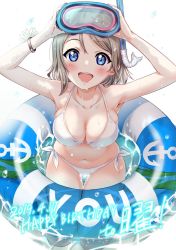 Rule 34 | 1girl, :d, armpits, arms up, bent over, bikini, blue eyes, blush, breasts, brown hair, cleavage, collarbone, commentary request, dated, flippers, halterneck, hands on headwear, happy birthday, highres, innertube, looking at viewer, love live!, love live! sunshine!!, medium breasts, navel, open mouth, sankuro (agoitei), short hair, side-tie bikini bottom, sitting, smile, snorkel, solo, swim ring, swimsuit, thigh gap, wariza, watanabe you, wet, white bikini