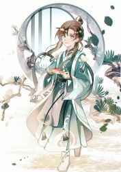 Rule 34 | 1girl, boots, branch, brown hair, character name, closed mouth, commentary request, green eyes, highres, holding, htwbjqdg8actmq6, hua yi shanxin zhiyue, long hair, long sleeves, looking at viewer, parted bangs, ponytail, round window, smile, solo, white footwear, wide sleeves, window