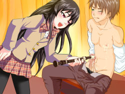 Rule 34 | 1boy, 1girl, black pantyhose, blush, bow, bowtie, brown hair, censored, character request, cum, flute, hetero, instrument, jacket, leaning forward, long sleeves, mosaic censoring, open mouth, pantyhose, penis, pink eyes, plaid, plaid skirt, pleated skirt, school uniform, sitting, skirt, smile, source request, standing, tagme, teeth, upper teeth only