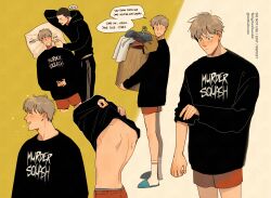 Rule 34 | 2boys, back, black hair, black sweater, blue eyes, blush, buzz cut, carrying, catbishonen, cowboy shot, cropped legs, dirty, dirty clothes, english text, evil smile, full body, highres, laundry basket, male focus, multiple boys, multiple views, poking, red shorts, ronan lynch, short hair, shorts, sleeping, smile, solid circle eyes, sparkling aura, speech bubble, sweater, the raven cycle, undressing, very short hair