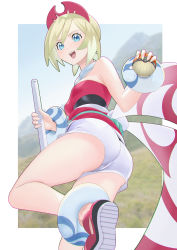 Rule 34 | 1girl, absurdres, ass, bad id, bad pixiv id, bare shoulders, blonde hair, blue eyes, bracelet, breasts, creatures (company), crimson (cxrss377), flute, from below, game freak, headgear, highres, instrument, irida (pokemon), jewelry, looking at viewer, neck ring, nintendo, poke ball, pokemon, pokemon legends: arceus, shoes, short hair, short shorts, shorts, small breasts, solo