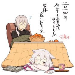 Rule 34 | 1boy, 1girl, :3, animal ears, basket, black sweater, blanket, blush, cat ears, chair, closed eyes, closed mouth, commentary request, cup, curly hair, food, fruit, hair between eyes, kotatsu, light purple hair, long sleeves, medium hair, newspaper, orange (fruit), parted lips, ponytail, ribbed sweater, short hair, signature, simple background, sleeping, smile, sweater, table, translation request, turtleneck, turtleneck sweater, umishima senbon, under kotatsu, under table, white background