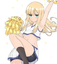 Rule 34 | &gt;:), 1girl, arm up, armpits, atsumisu, bad id, bad pixiv id, bare arms, bare shoulders, bike shorts, black shorts, blonde hair, blush, breasts, cheerleader, closed mouth, crop top, fate (series), floating hair, green eyes, hand up, highres, holding, long hair, lord el-melloi ii case files, midriff, navel, pleated skirt, pom pom (cheerleading), reines el-melloi archisorte, short shorts, shorts, shorts under skirt, skirt, small breasts, smile, solo, sparkle, standing, standing on one leg, sweat, tank top, v-shaped eyebrows, white skirt, white tank top
