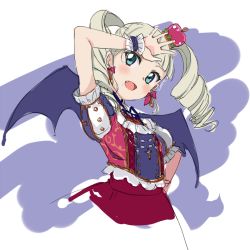 Rule 34 | 10s, 1girl, aikatsu!, aikatsu! (series), bad id, bad twitter id, bat wings, blonde hair, cross, drill hair, earrings, fang, gothic lolita, green eyes, hat, idol, jewelry, lolita fashion, long hair, looking at viewer, mini hat, open mouth, puffy sleeves, ribbon, simple background, sketch, skirt, smile, solo, todo yurika, twin drills, twintails, ume (plumblossom), wings, wrist cuffs