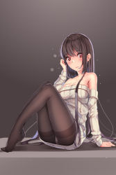 Rule 34 | 1girl, arm support, bare shoulders, black hair, black pantyhose, blush, breasts, cleavage, closed mouth, collarbone, commentary request, detached sleeves, full body, gradient background, hand in own hair, hand up, highres, legs together, long hair, long sleeves, looking at viewer, medium breasts, no shoes, original, panties, panties under pantyhose, pantyhose, red eyes, ribbed sweater, see-through, sitting, solo, sweater, tiptoes, underwear, very long hair, white panties, yumemi (kiowa)