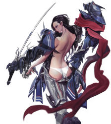 Rule 34 | 1girl, armor, ass, bare back, black hair, butt crack, from behind, highres, jung myung lee, katana, long hair, looking back, mecha musume, mechanical arms, original, panties, red scarf, scarf, single mechanical arm, solo, sword, underwear, weapon, white panties