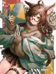 Rule 34 | 1girl, absurdres, ahoge, animal ears, belt, black skirt, book, brown sweater, cat ears, cat girl, commission, cowboy shot, dutch angle, glasses, green scarf, highres, holding, holding book, jewelry, long sleeves, looking at viewer, necklace, original, red-framed eyewear, scarf, semi-rimless eyewear, simple background, skeb commission, skirt, smile, sweater, syukonbu, thigh belt, thigh gap, thigh strap, thighs, turtleneck, turtleneck sweater, under-rim eyewear, white background, yellow eyes