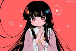 Rule 34 | 1girl, black hair, blunt bangs, blush, bow, bowtie, breasts, collared shirt, commentary request, heart, highres, hime cut, houraisan kaguya, japanese clothes, long hair, long sleeves, palms together, pink shirt, ramudia (lamyun), red background, red eyes, shirt, sidelocks, simple background, smile, solo, spoken heart, touhou, twitter username, wide sleeves, yellow bow, yellow bowtie